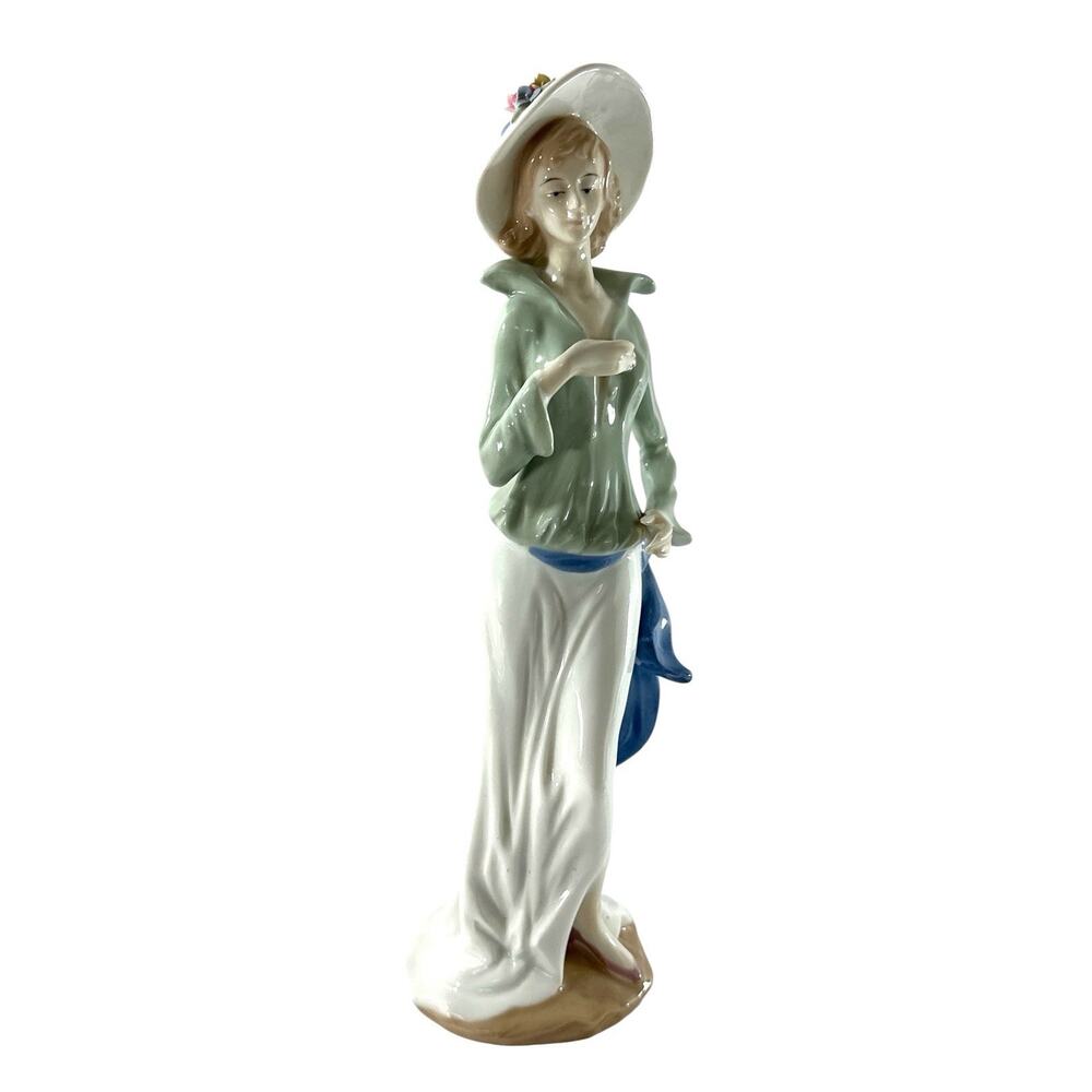 Porcelain Lady Figurine 14” Woman Wide Brim Hat Green Blue Floral Elegant - Picture 3 of 8